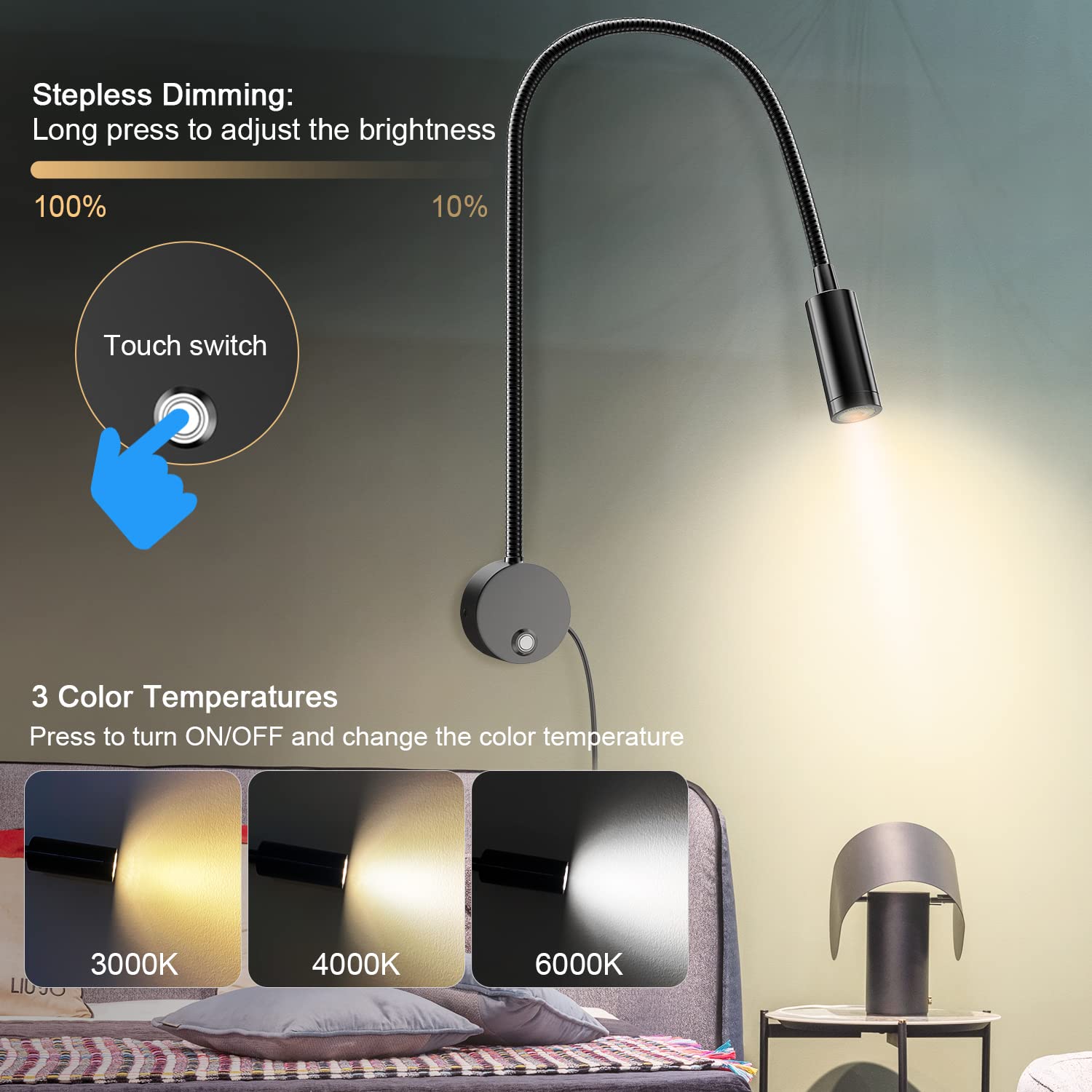 ERAY dimmable reading light with touch control for customizable brightness and comfort.