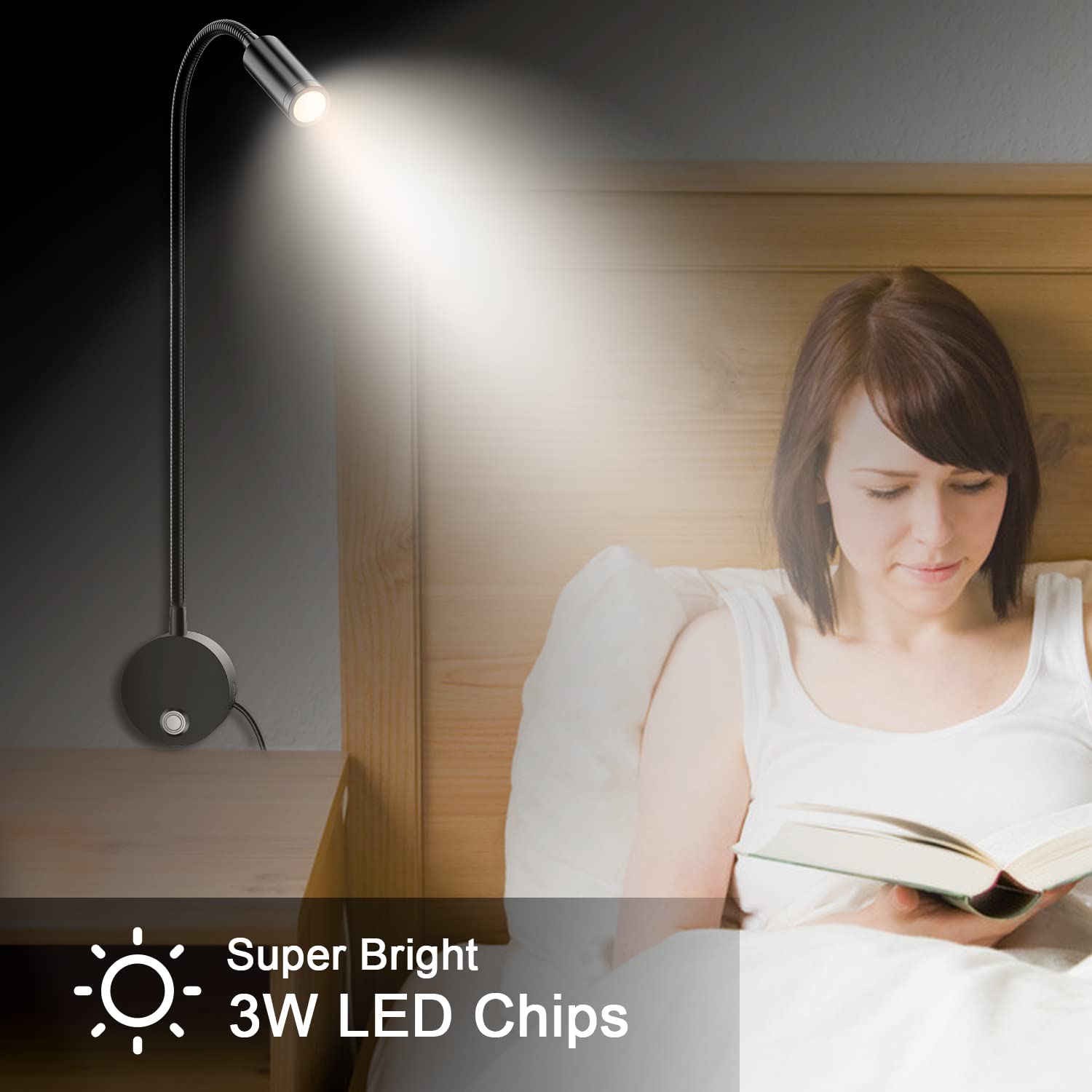 ERAY flexible gooseneck enables precise light placement for comfortable reading posture.