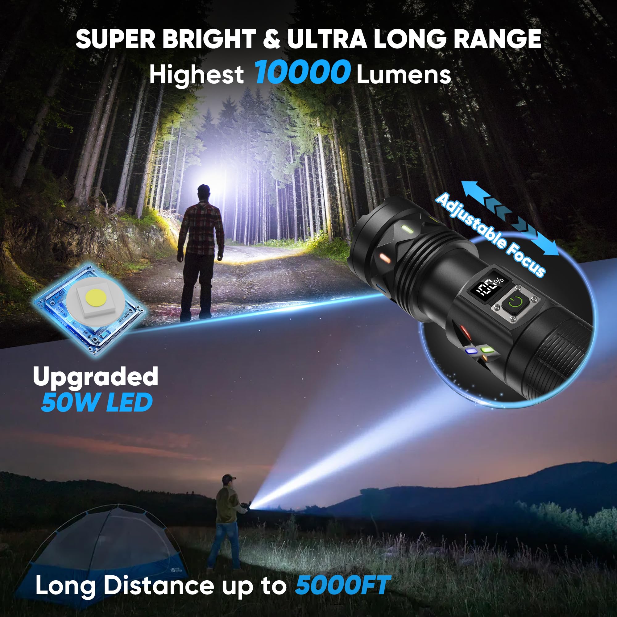 erbrigtli flashlight long-range illumination lights up a campsite clearly