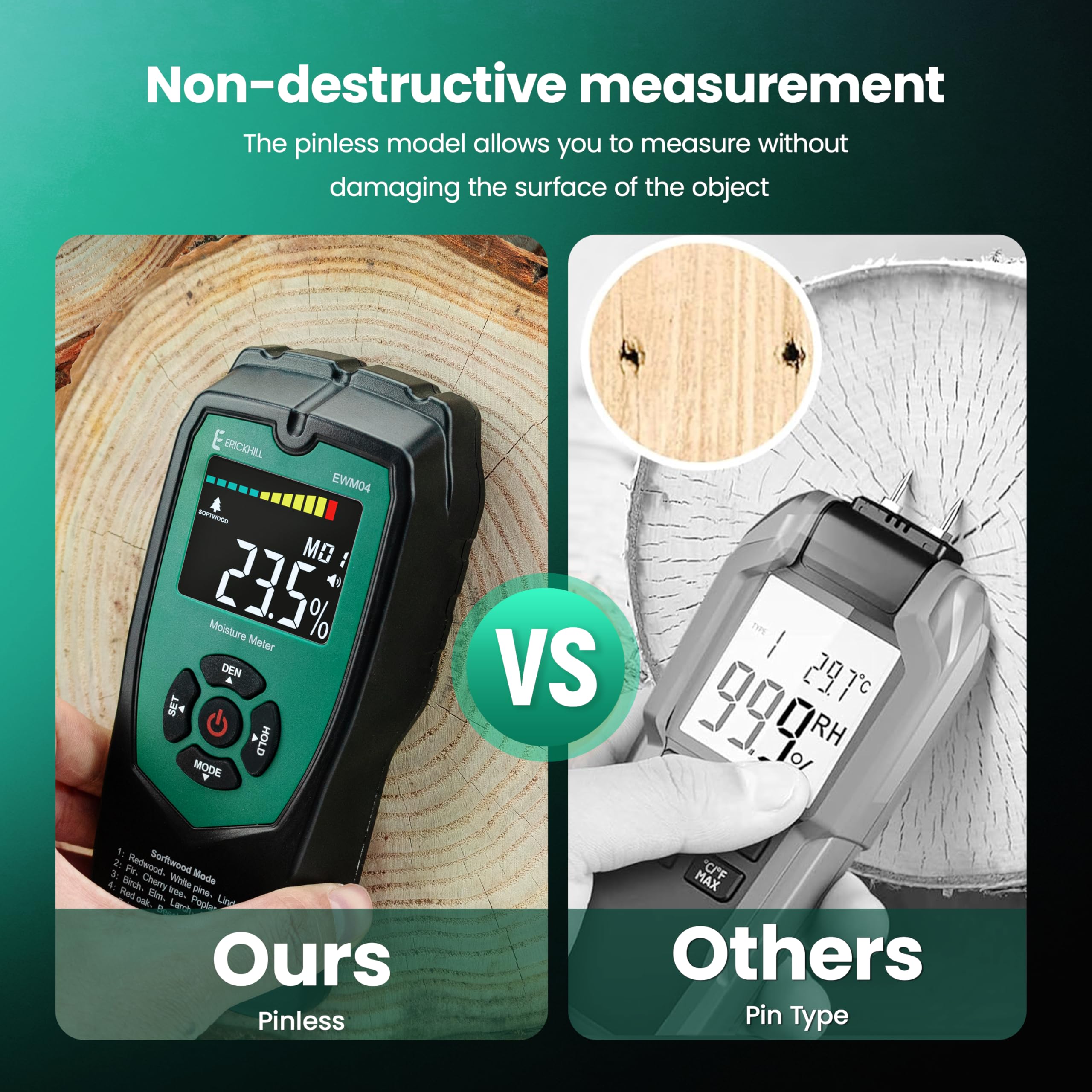 ERICKHILL Pinless meter for softwood delivers fast readings