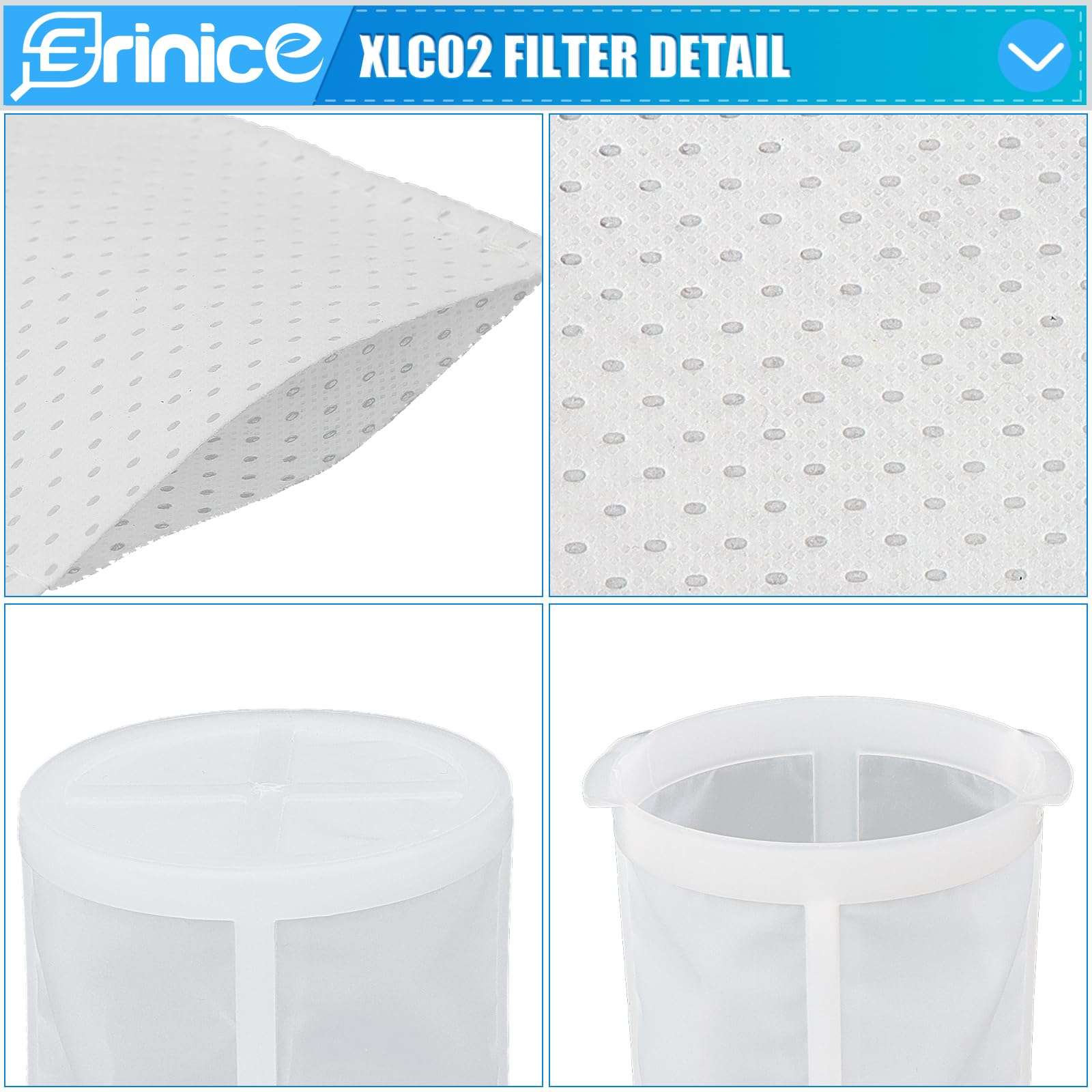Erinice pre-filter for XLC02 highlights pre-motor protection and extended suction life.
