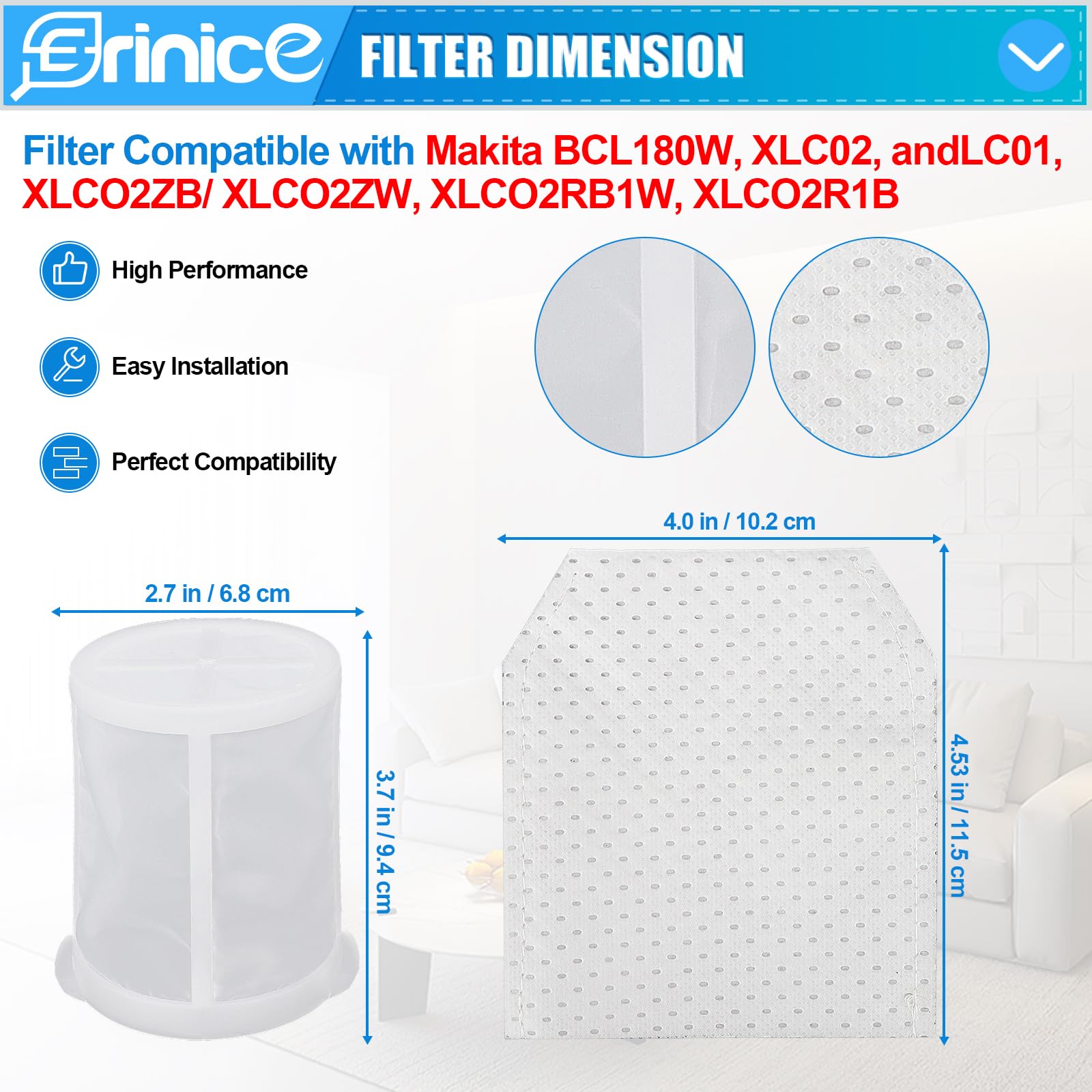 Erinice cloth filter bag demonstrates higher surface area for better dust capture.