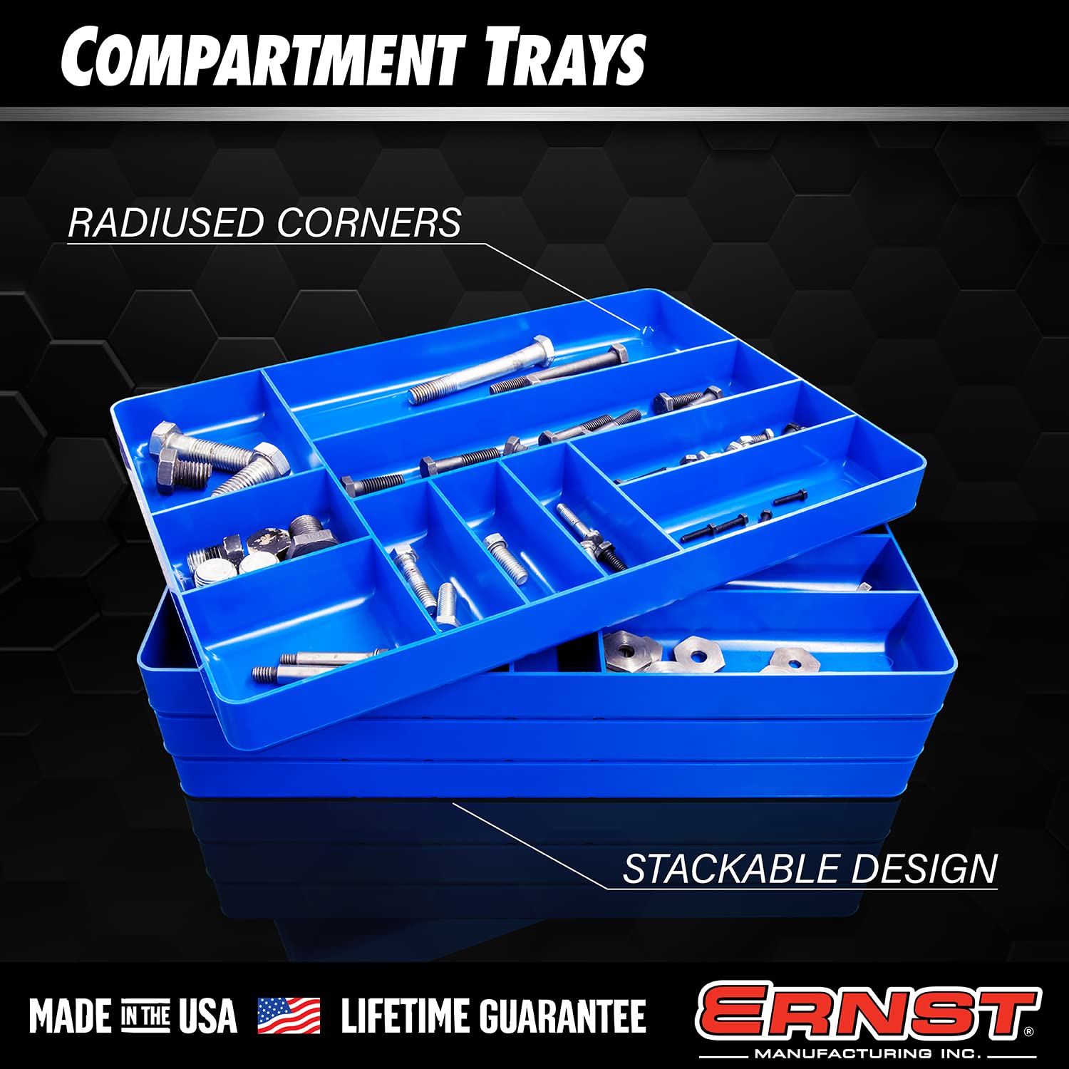Rolled bottom edge detail on Ernst MFG organizer for easy small-part retrieval