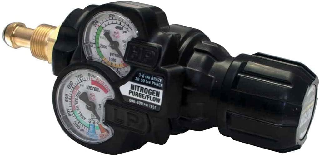ESAB Victor Edge 2.0 regulator gauges with guard ensure clear readings during nitrogen purging.