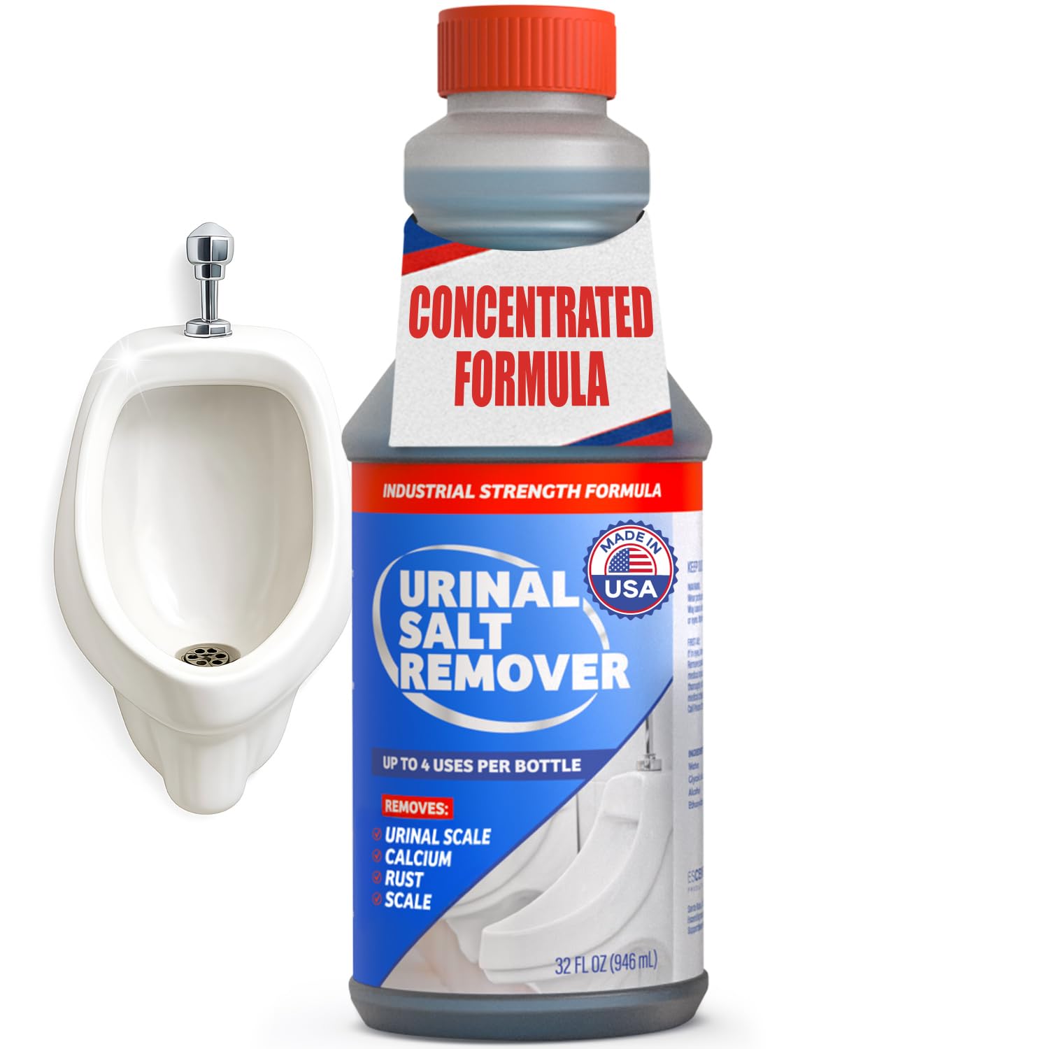Escentile urinal salt remover bottle front view highlights heavy-duty formula.