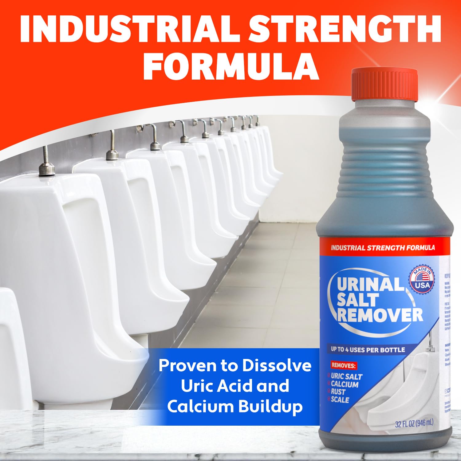 Escentile urinal salt remover pouring action demonstrates easy application.