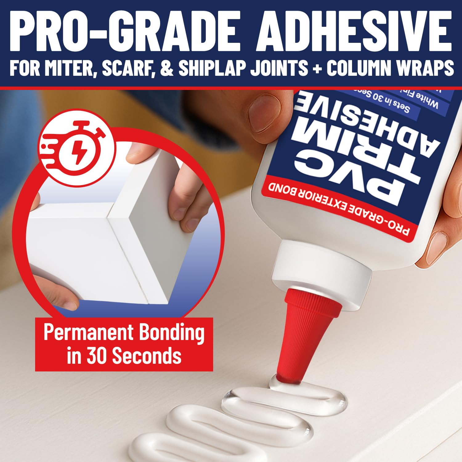Escentile PVC Trim Glue dries white to blend with trim finishes.