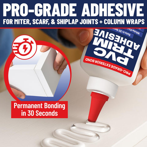 Escentile PVC Trim Glue dries white to blend with trim finishes.