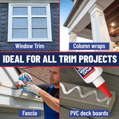 Escentile PVC Trim Glue in use on miter joints for tight corners.