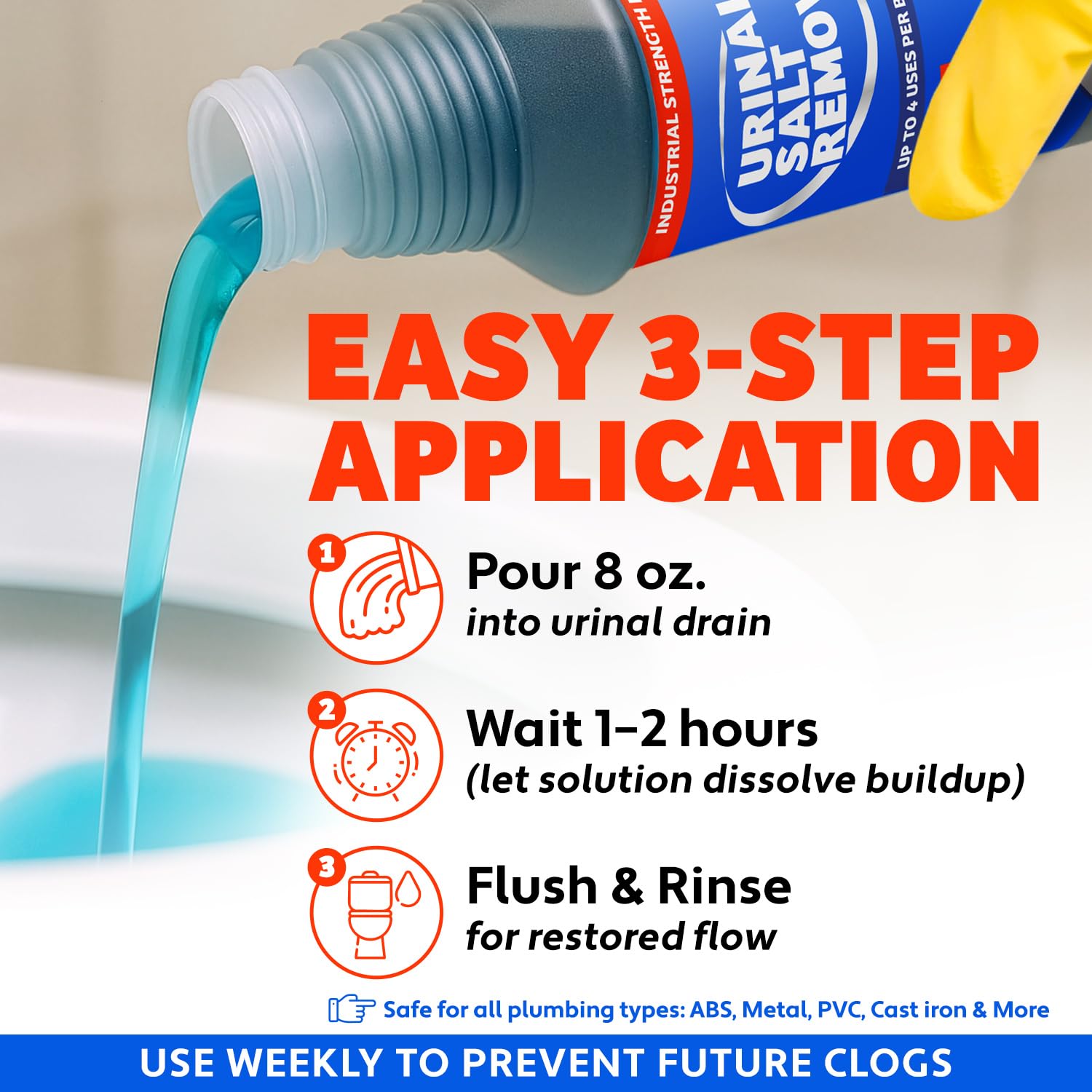 Escentile urinal salt remover bottle with measuring cap for dosing.