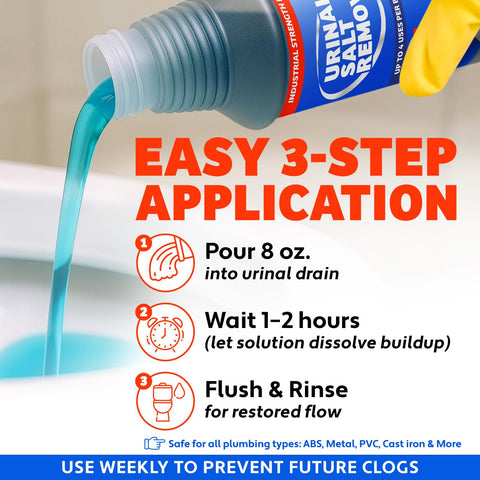 Escentile urinal salt remover bottle with measuring cap for dosing.
