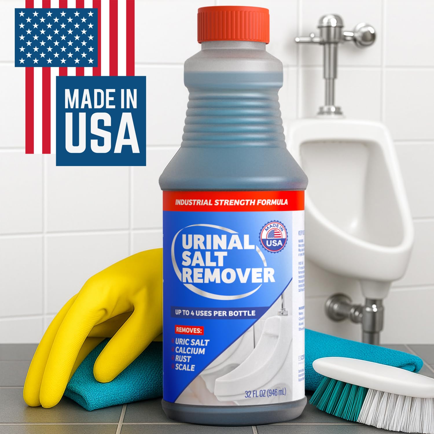 Escentile urinal salt remover product box notes USA-made origin.
