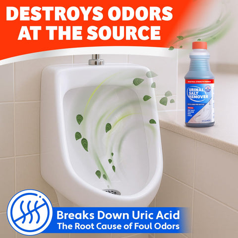 Escentile urinal salt remover restroom setting suggests commercial-grade cleaning impact.