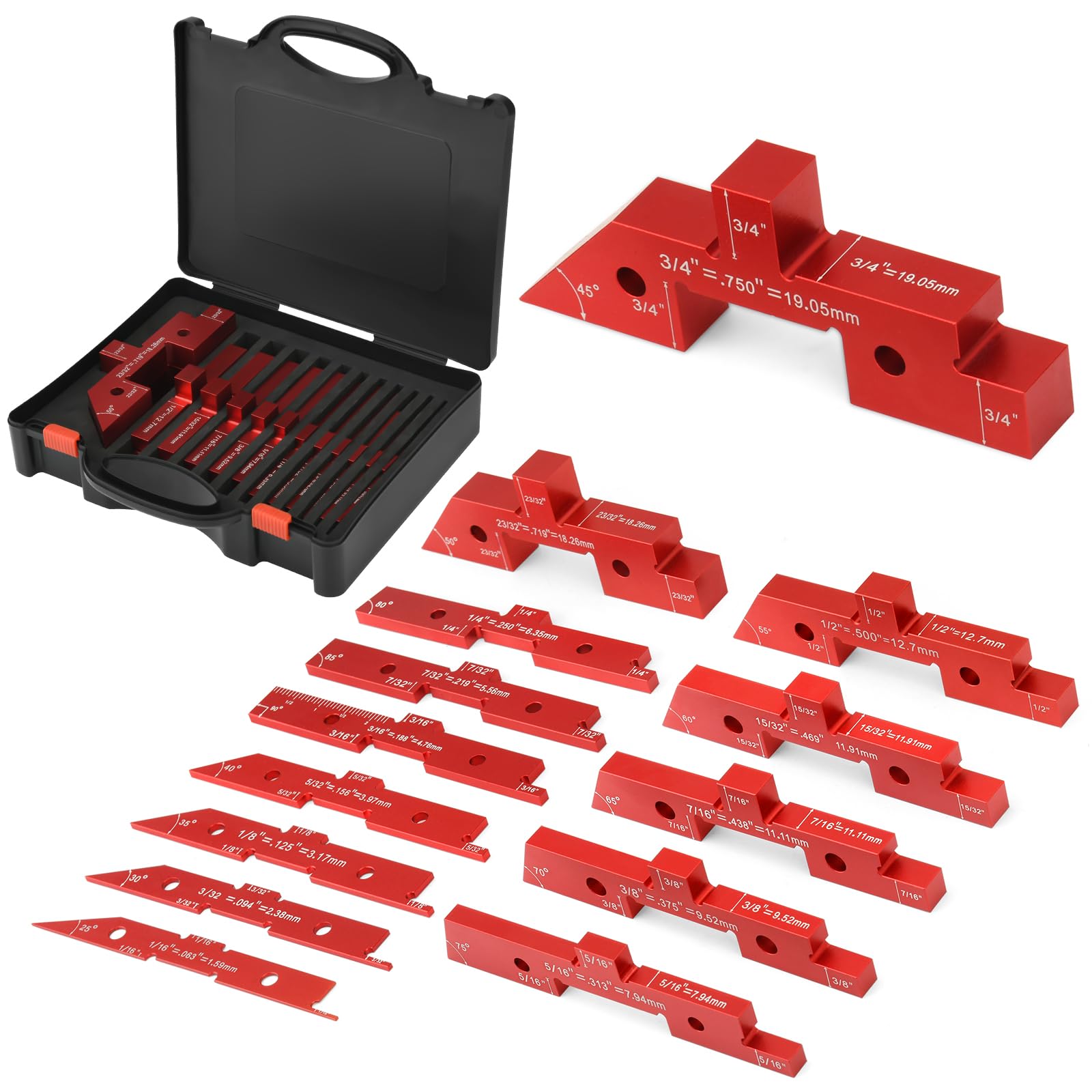 Esdabem 14-piece aluminum setup blocks kit in protective case for precise woodworking measurements.