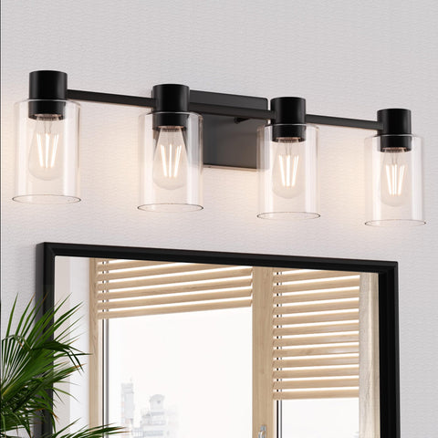 Esfos 4-light vanity fixture in matte black for a contemporary bathroom look.