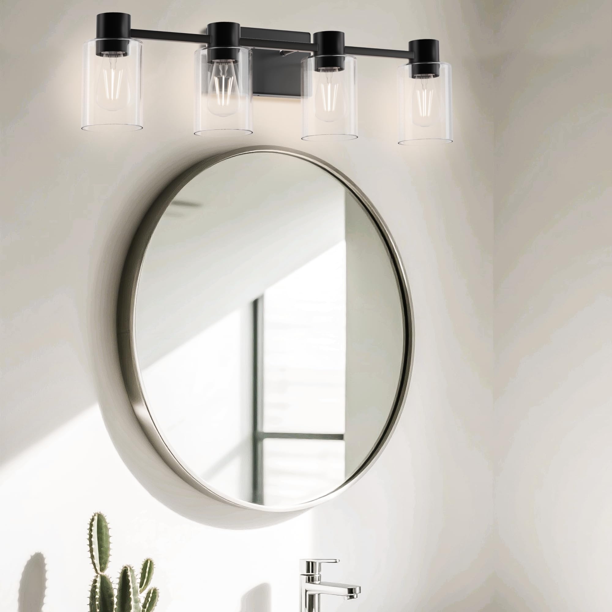 Esfos modern-industrial aesthetic complements mirror and vanity areas.