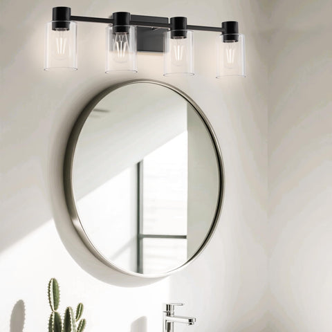 Esfos modern-industrial aesthetic complements mirror and vanity areas.