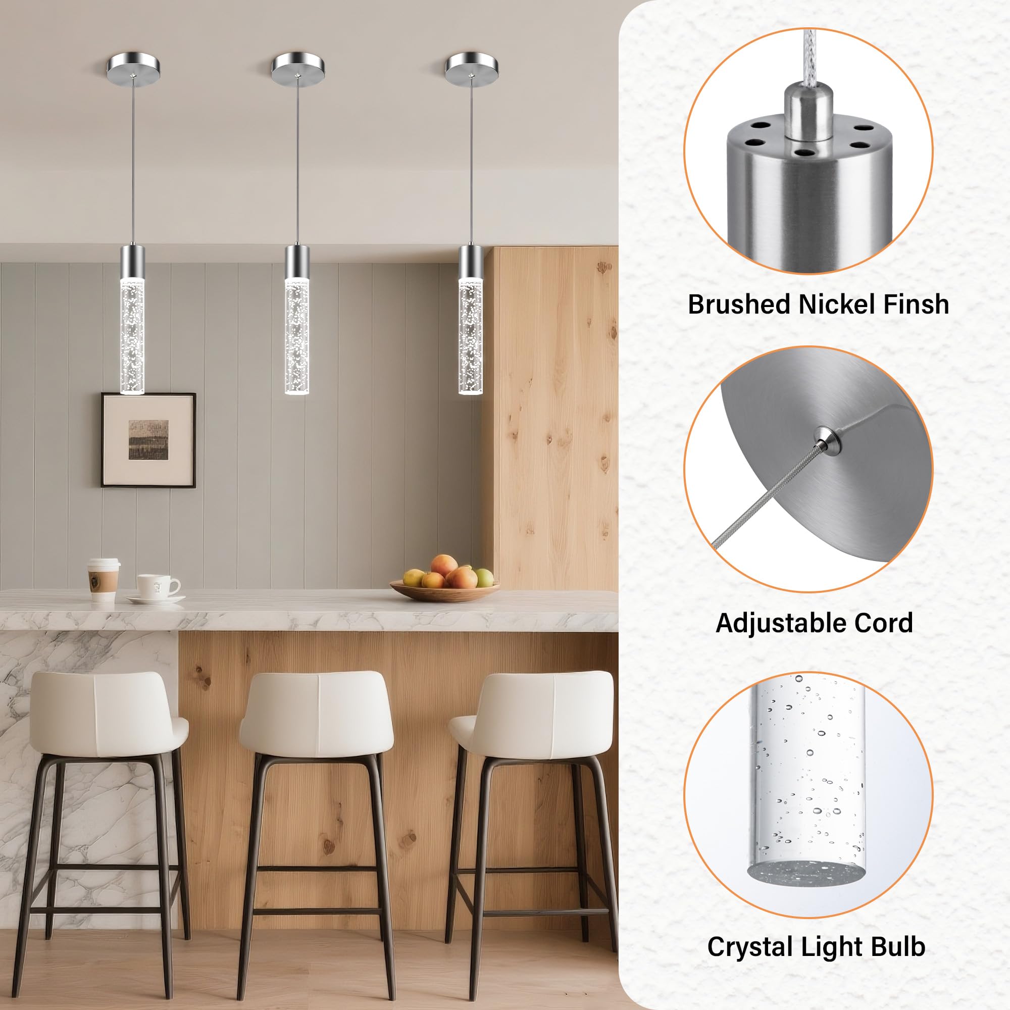 Esfos crystal bubble cylinders serve as a focal point for dining room lighting