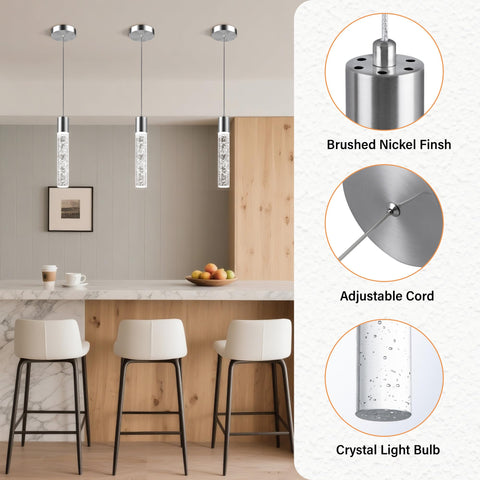 Esfos crystal bubble cylinders serve as a focal point for dining room lighting