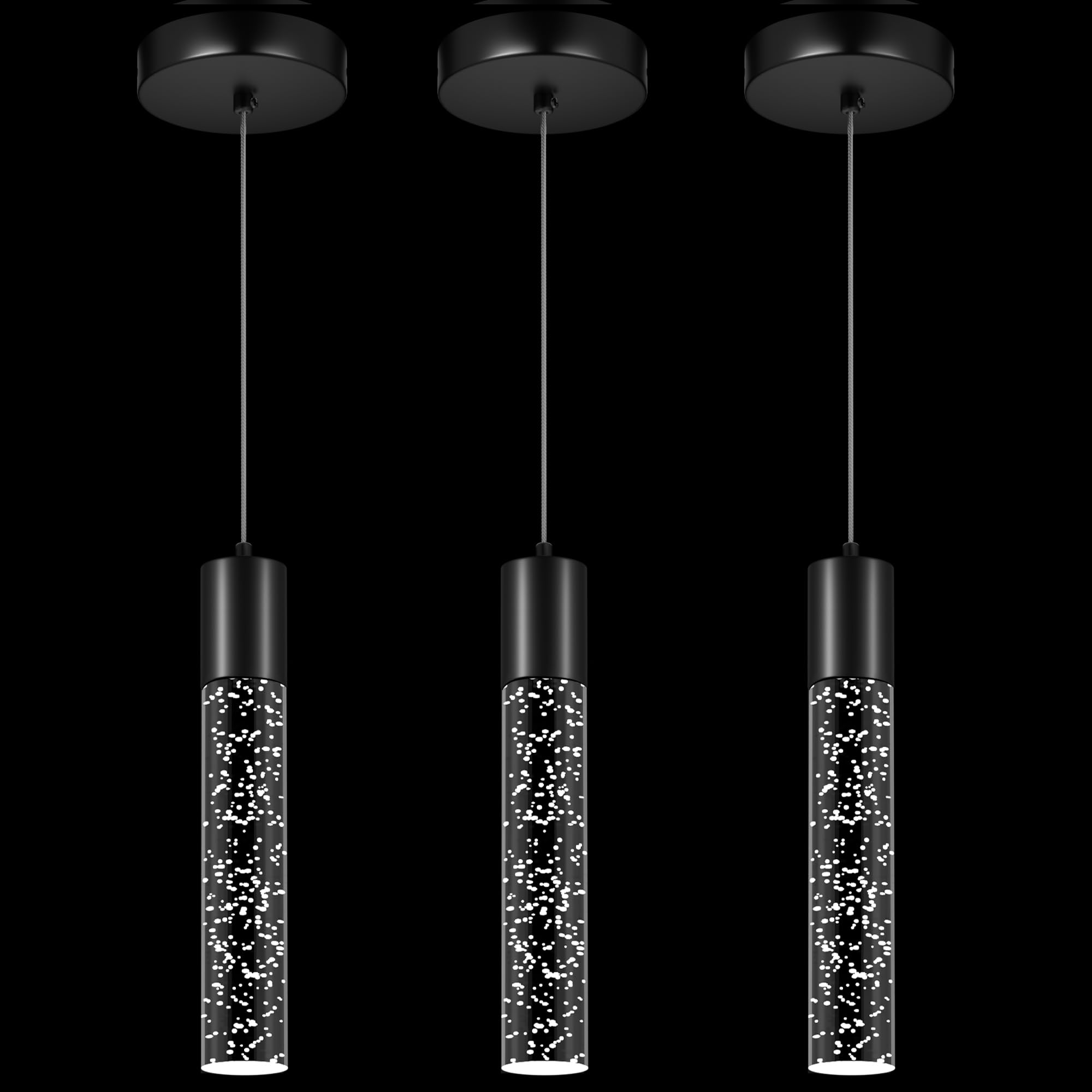Esfos pendant lights with brushed-black finish and crystal bubble brighten modern kitchen islands.