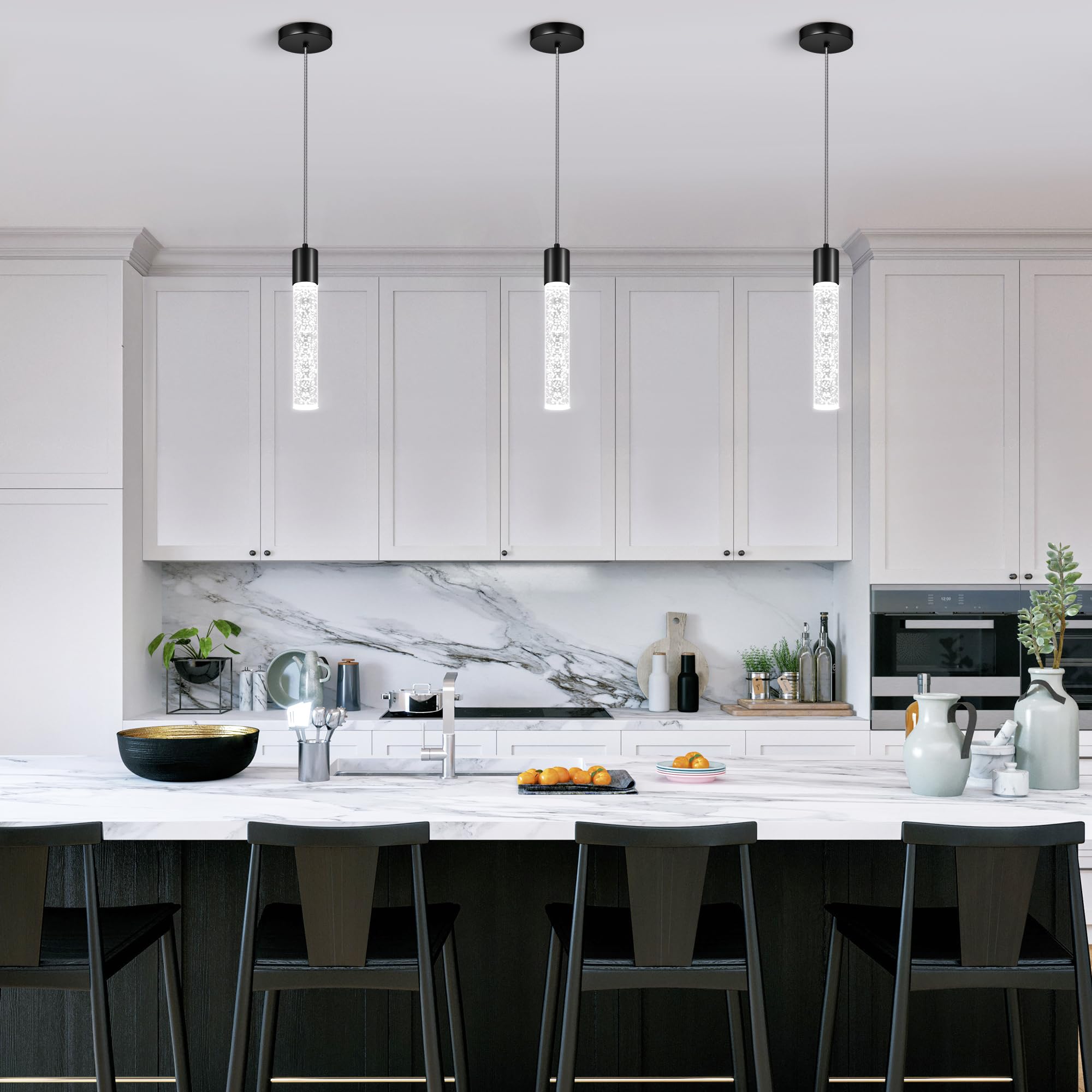 Esfos pendant with crystal bubble cylinder adds refined dining room ambiance.