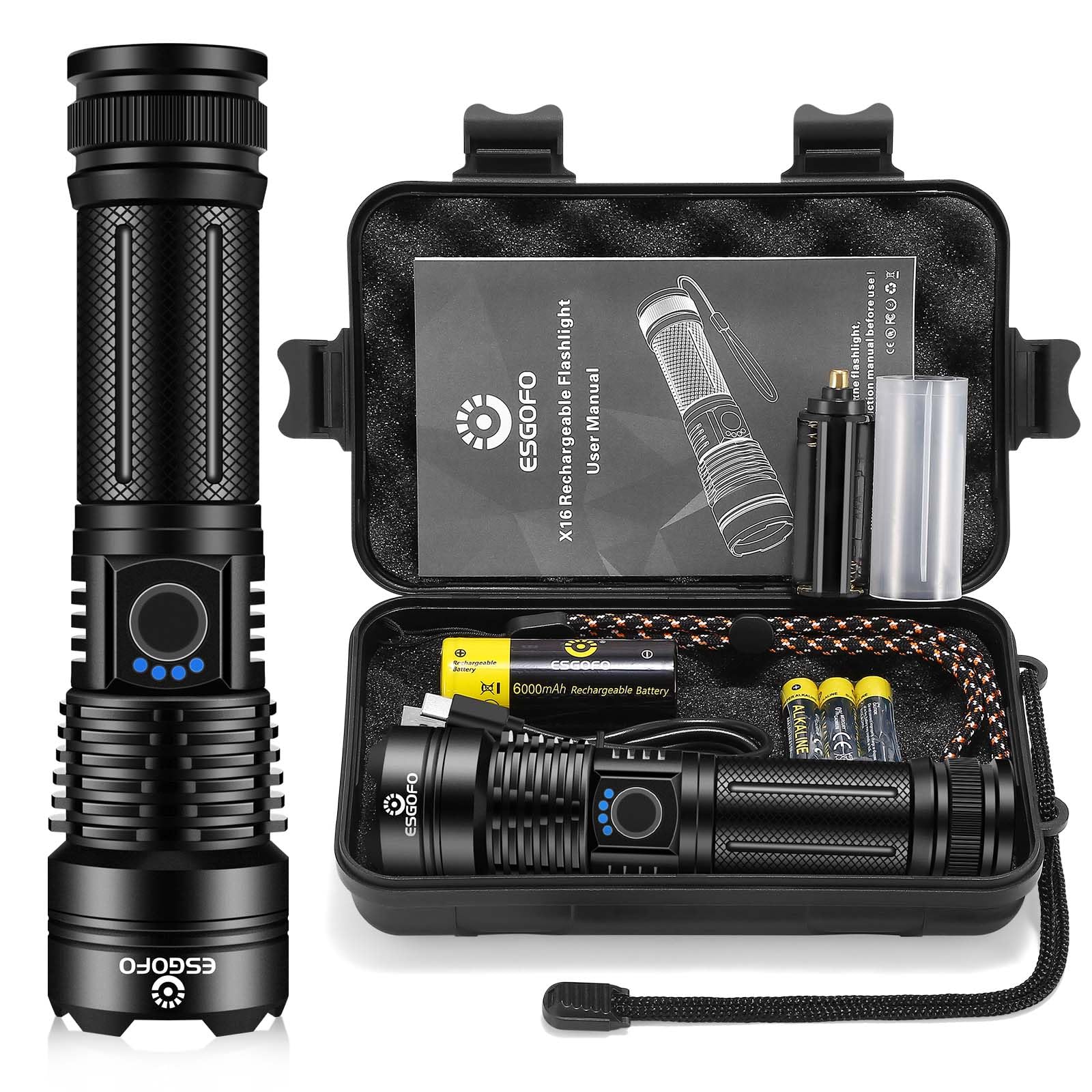 Esgofo flashlight 10000 lumens beam for long-range visibility on camping trips