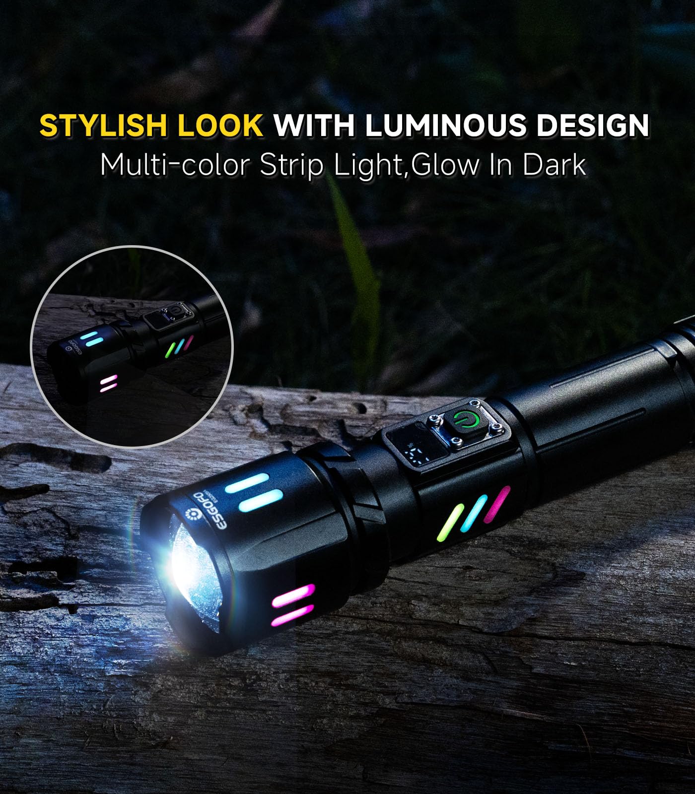 Esgofo flashlight with fluorescent glow strips for visibility in the dark.