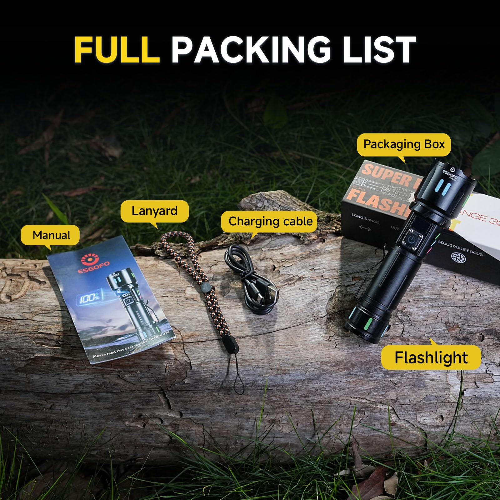 Esgofo flashlight ideal for camping, hiking, and home power outages.