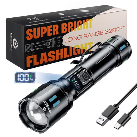 Esgofo rechargeable flashlight with a 10000-lumen beam for large-area illumination.