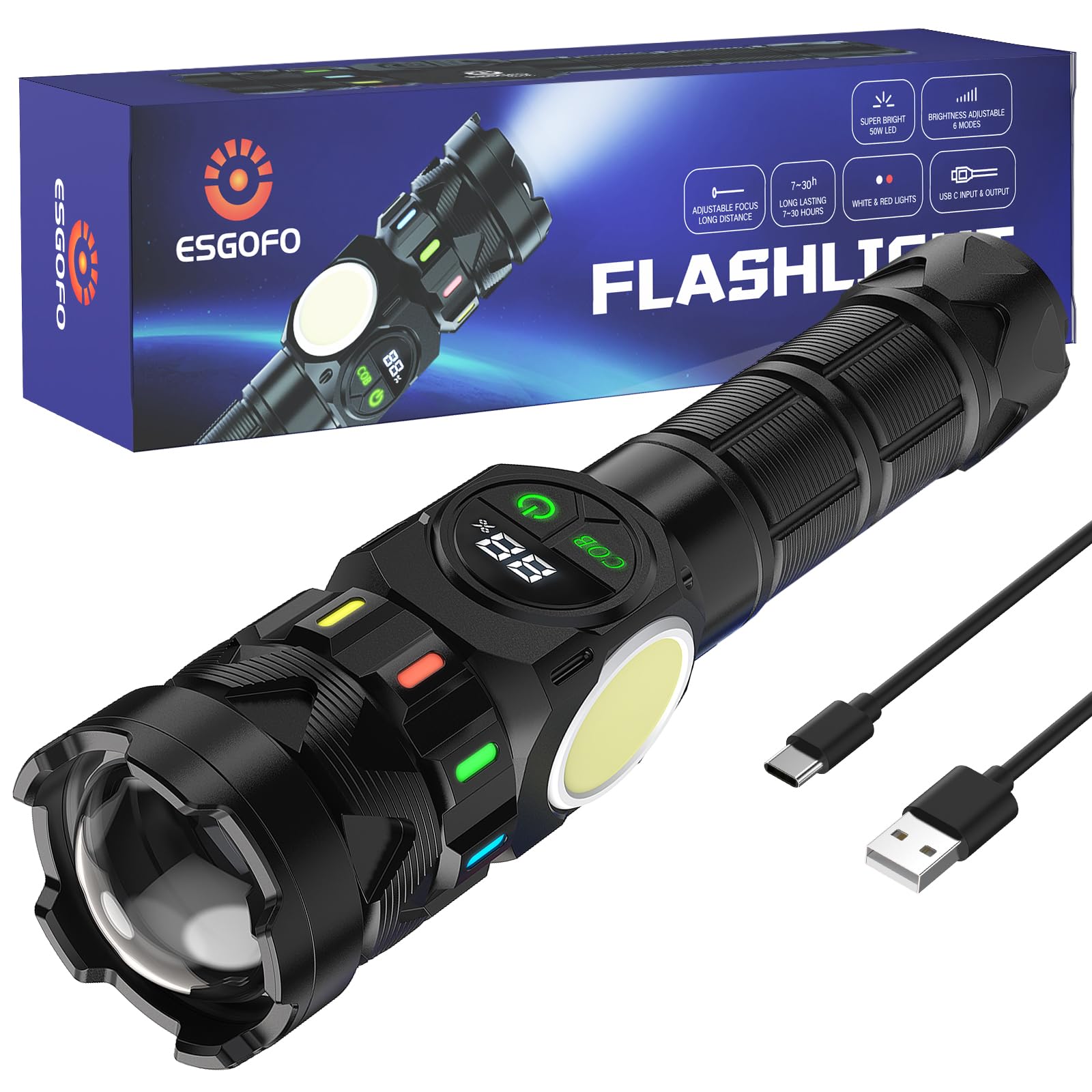 Esgofo rechargeable flashlight with 50W LED for powerful home and outdoor lighting.