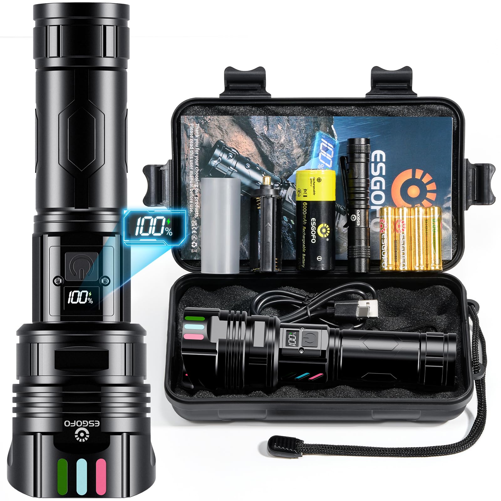 Esgofo Super Bright Flashlight front view with 10000 lumens reaching distant targets up to 3280 feet