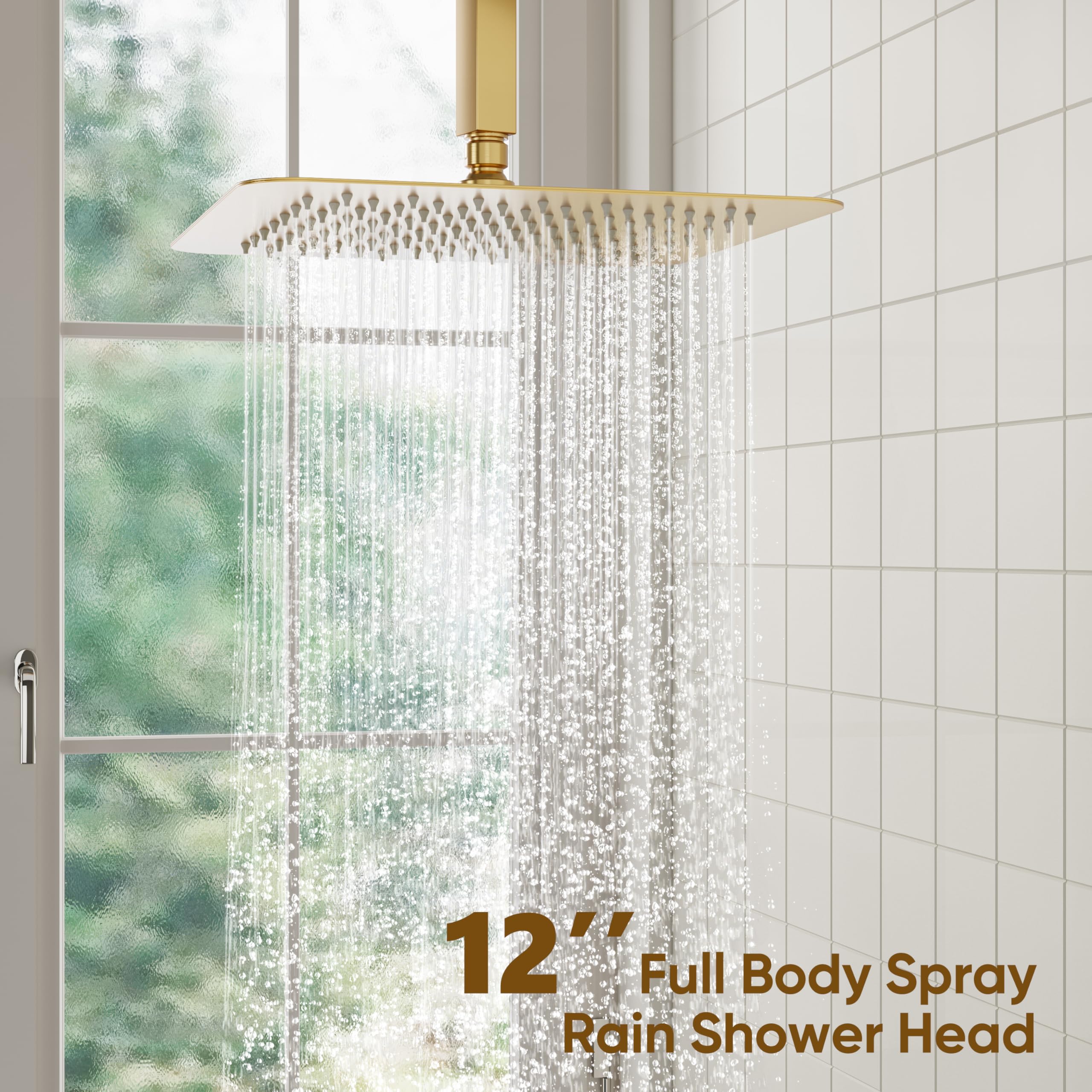 Brushed gold ESNBIA shower system adds elegant style to bathroom decor.