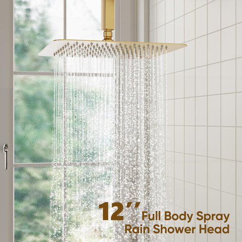 Brushed gold ESNBIA shower system adds elegant style to bathroom decor.