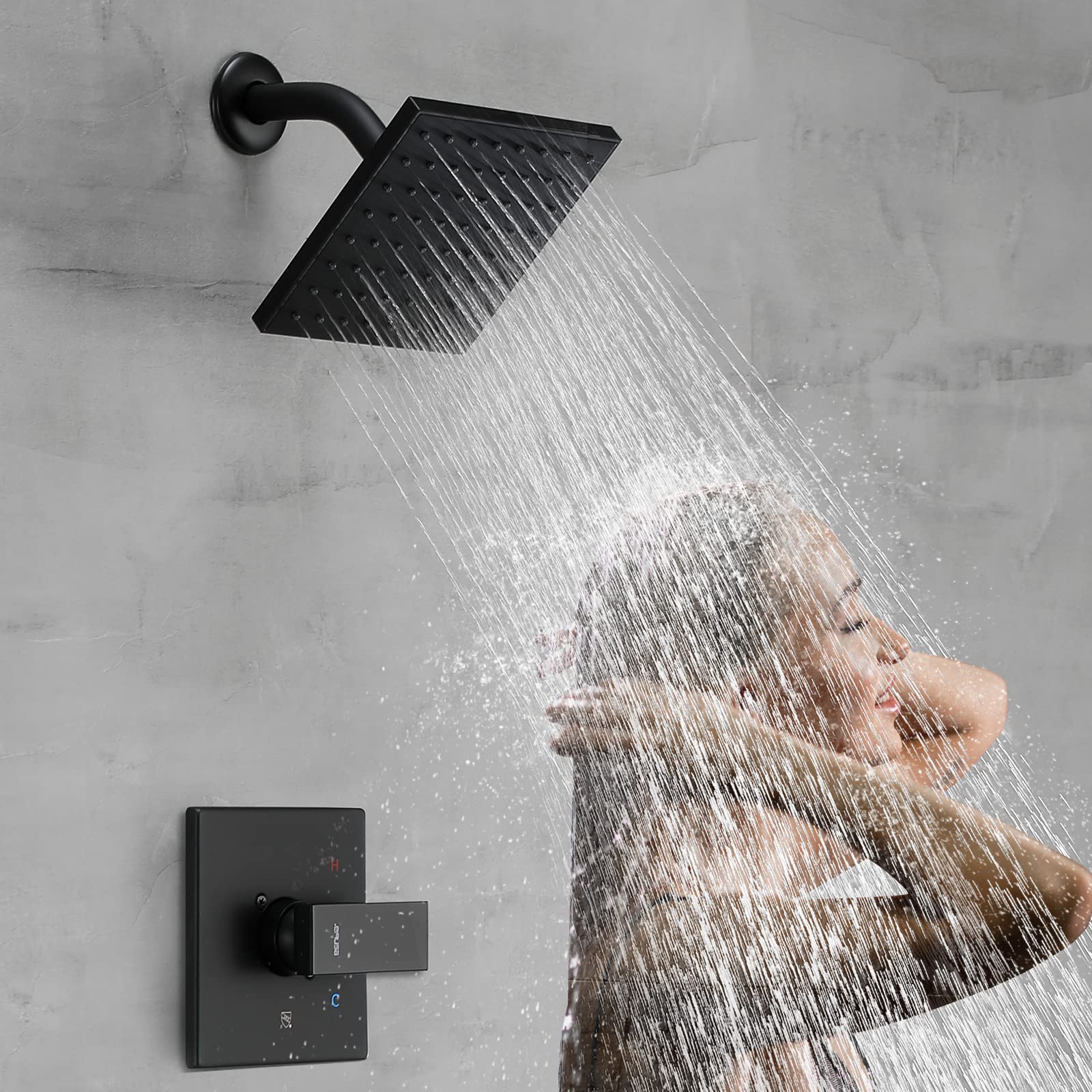 Esnbia matte black curved handle enhances modern bathroom decor and easy operation.
