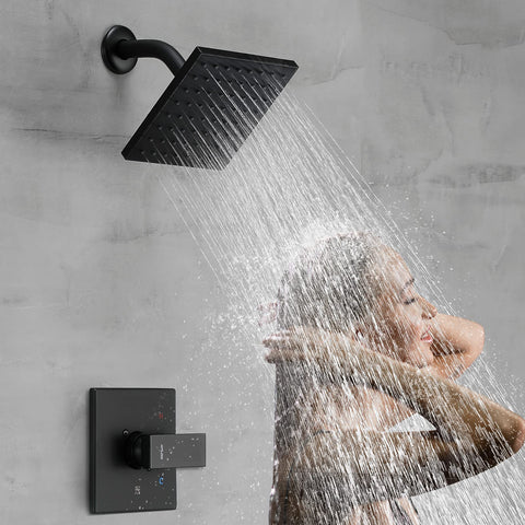 Esnbia matte black curved handle enhances modern bathroom decor and easy operation.