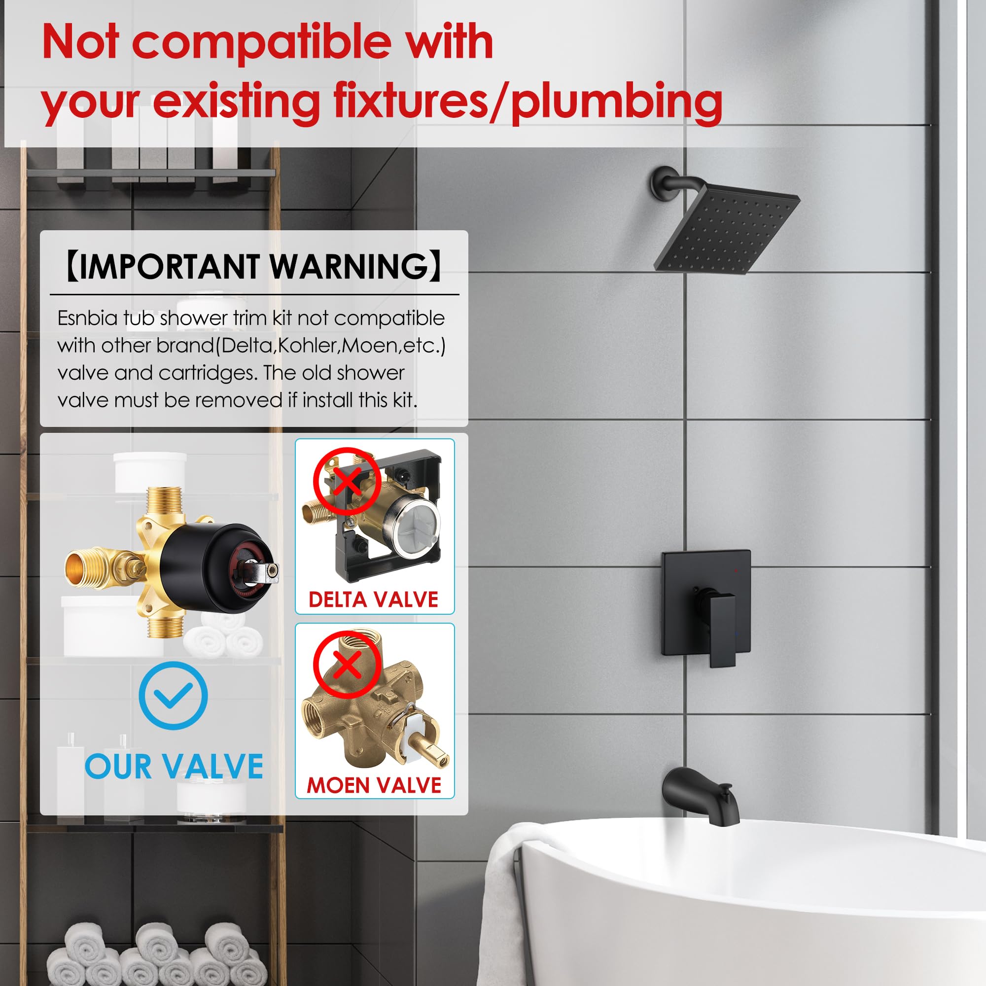 Esnbia matte black shower handle trim for modern bathroom look