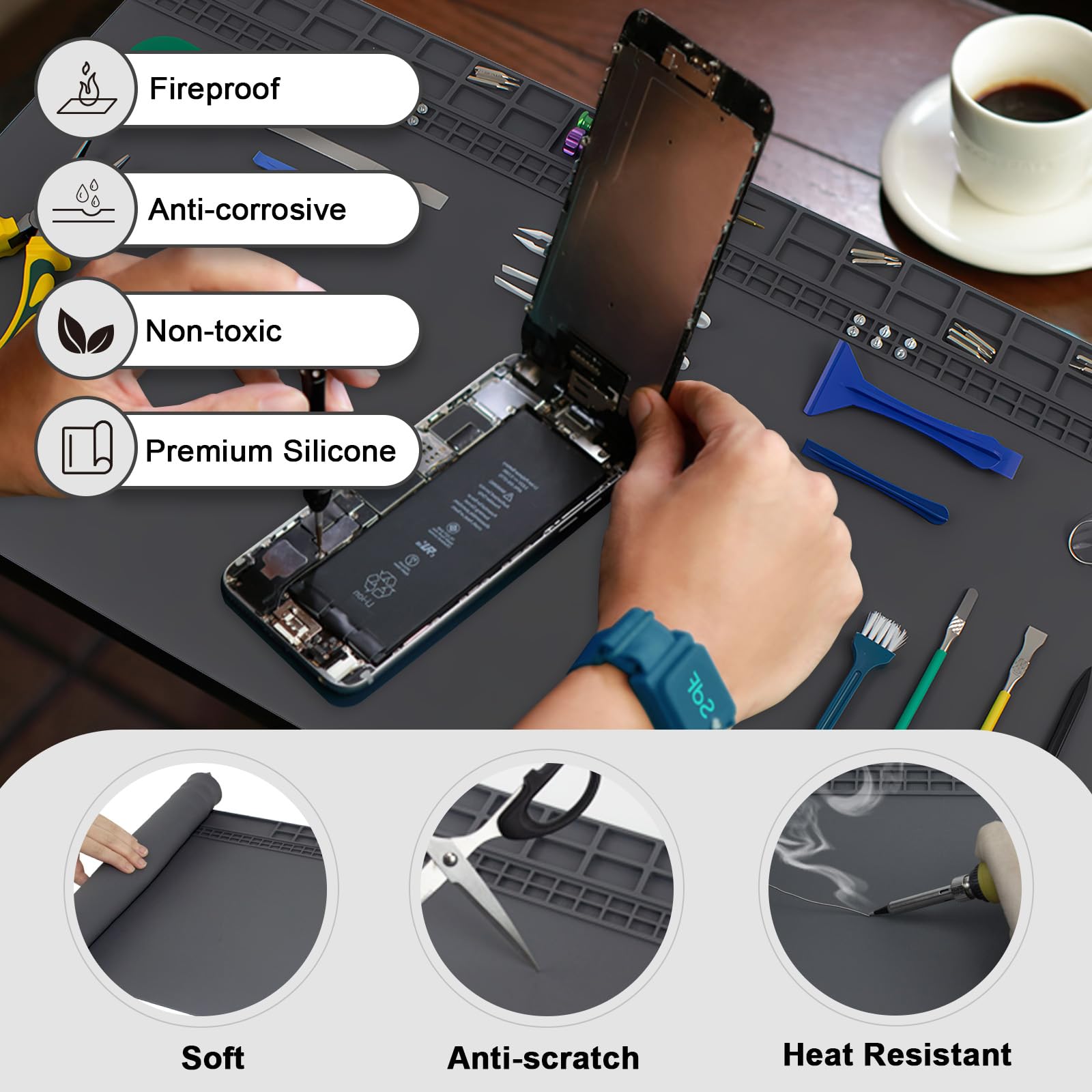 Esoldnic heat resistance detail up to 932°F for safe direct soldering on the mat.