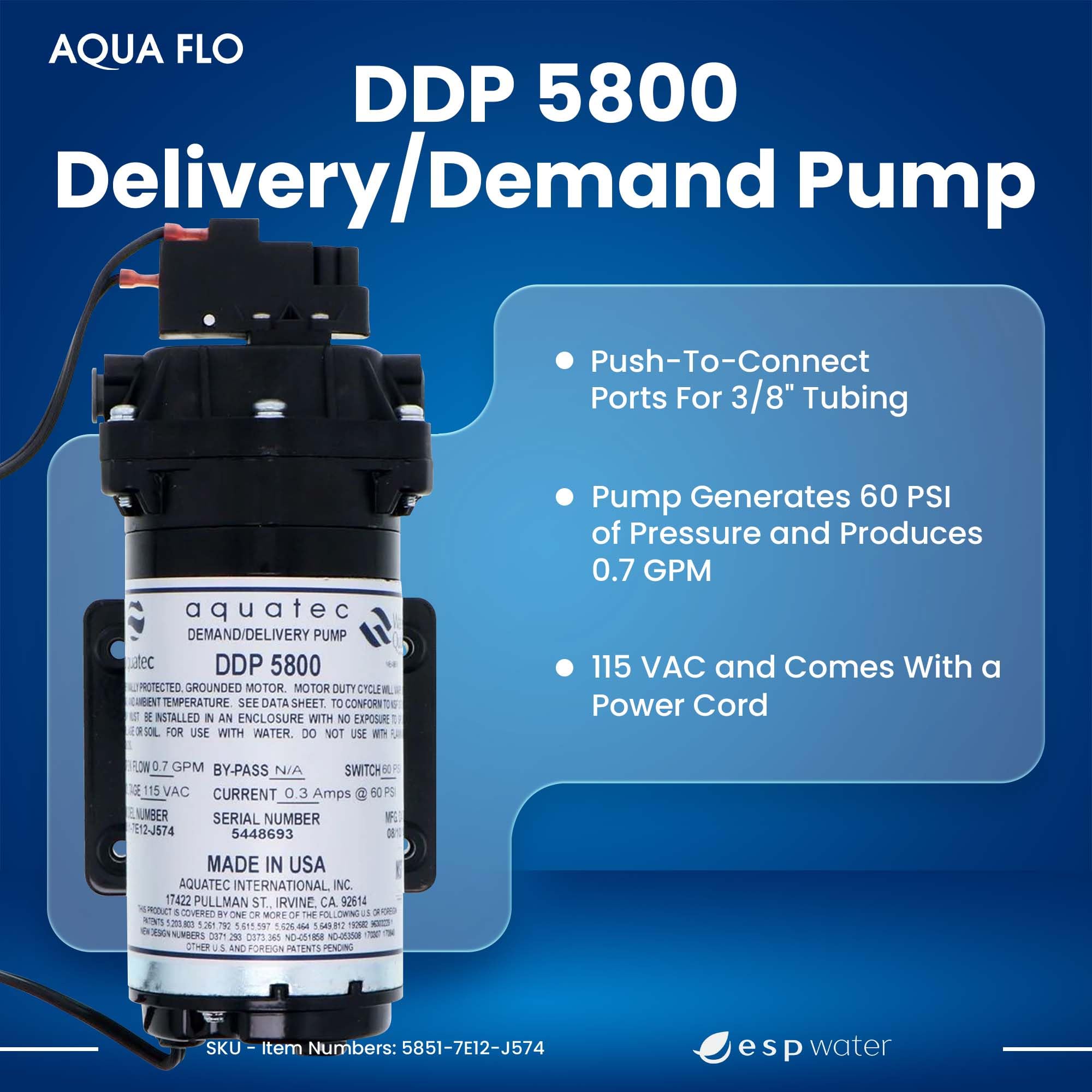 ESP Aquatec DDP 5800 rear view shows 3/8-inch quick-connect ports