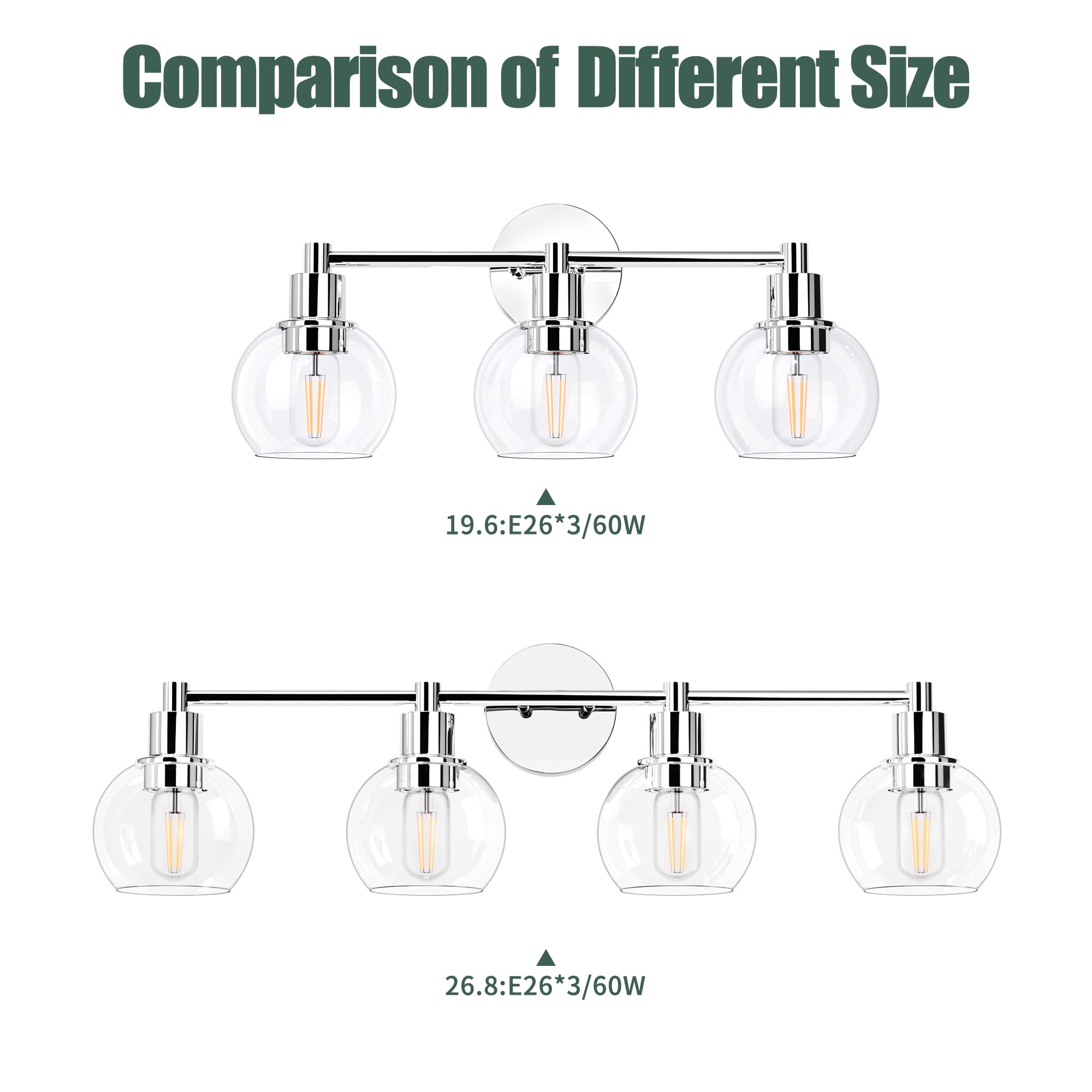 Espird 3-light chrome vanity light delivers a spacious feel with larger glass shades.