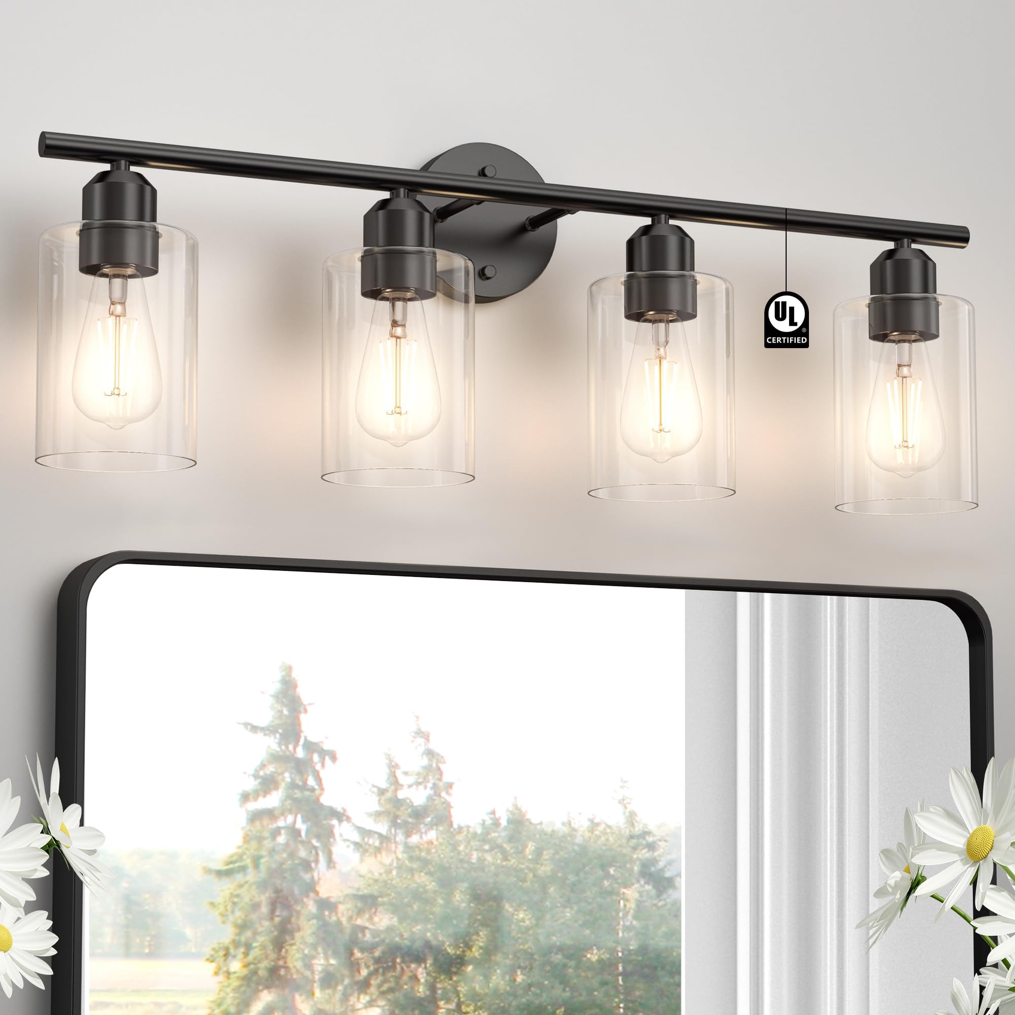 Espird 4-light vanity light with matte black cylinder glass shade enhances bathroom ambiance