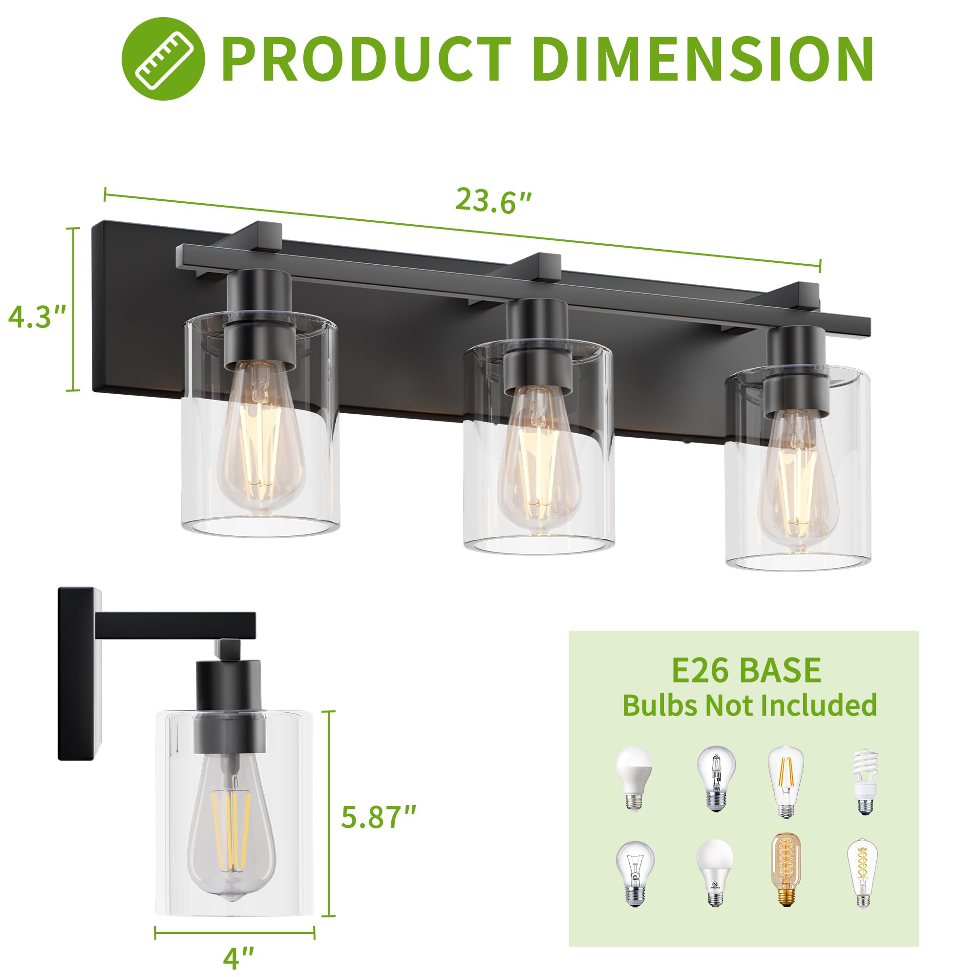 Espird vanity light with thick glass shades highlights bulbs for brighter reflections over the mirror.