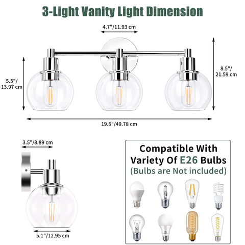Espird chrome vanity light globe detail adds industrial farmhouse style.
