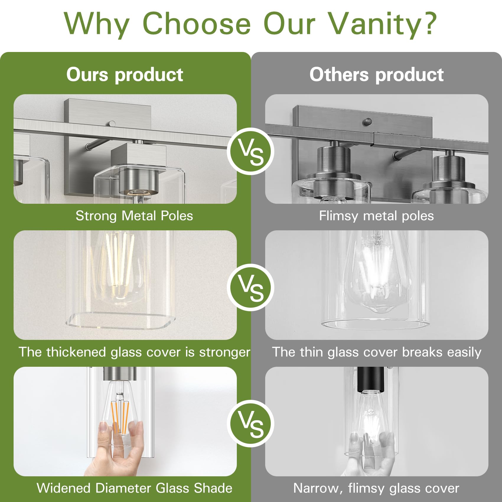 Espird Brush Nickel vanity light with glass shades for soft, even illumination.