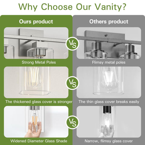 Espird Brush Nickel vanity light with glass shades for soft, even illumination.