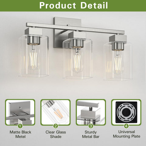 Espird Brush Nickel vanity light installed over mirror for enhanced grooming tasks.