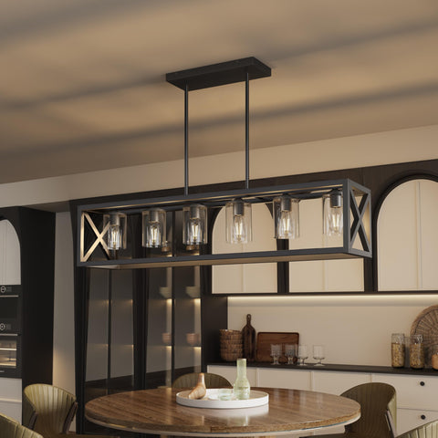 Espird farmhouse dining light over table provides warm, inviting evenings.