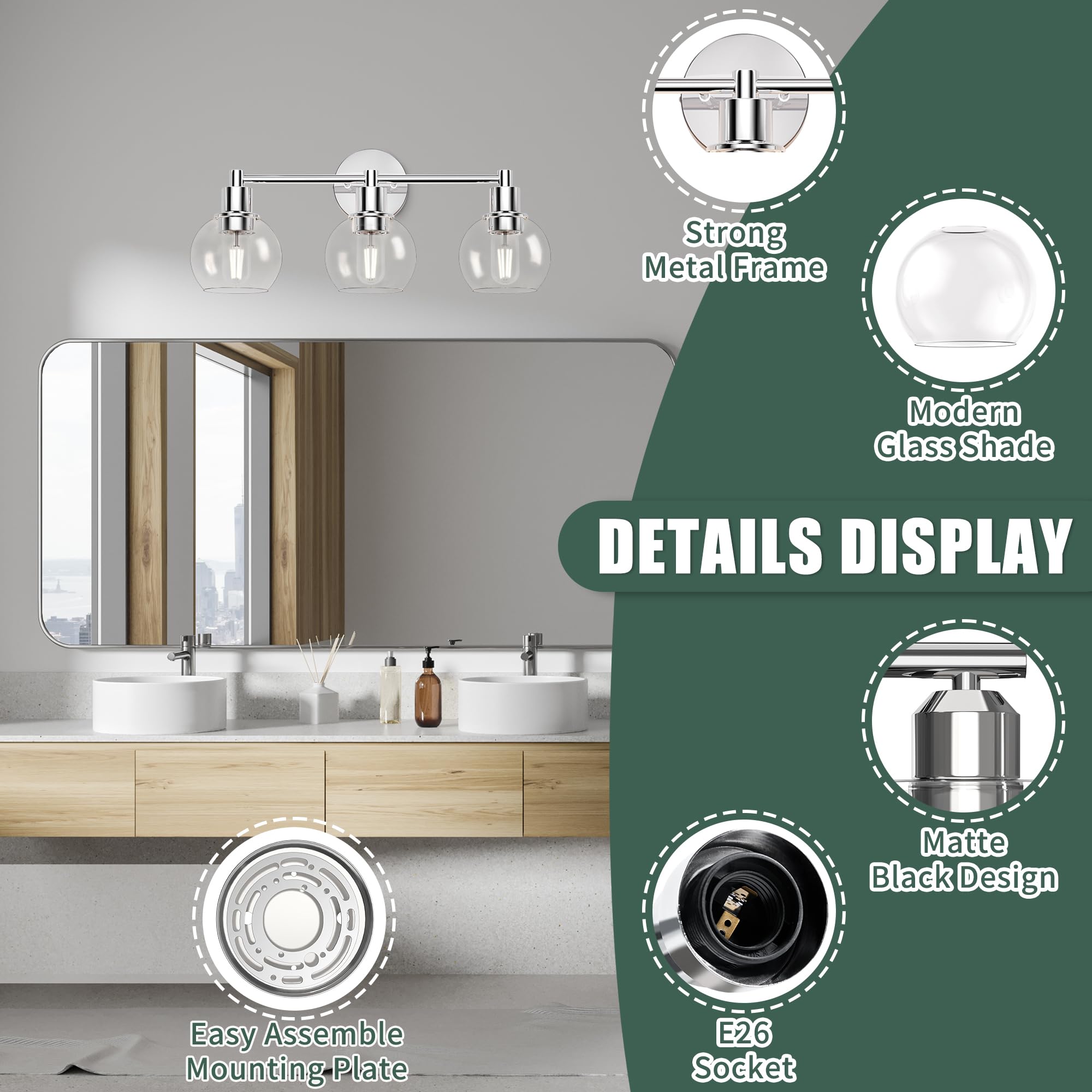 Espird industrial wall sconce in chrome finish provides focused task lighting above the mirror.