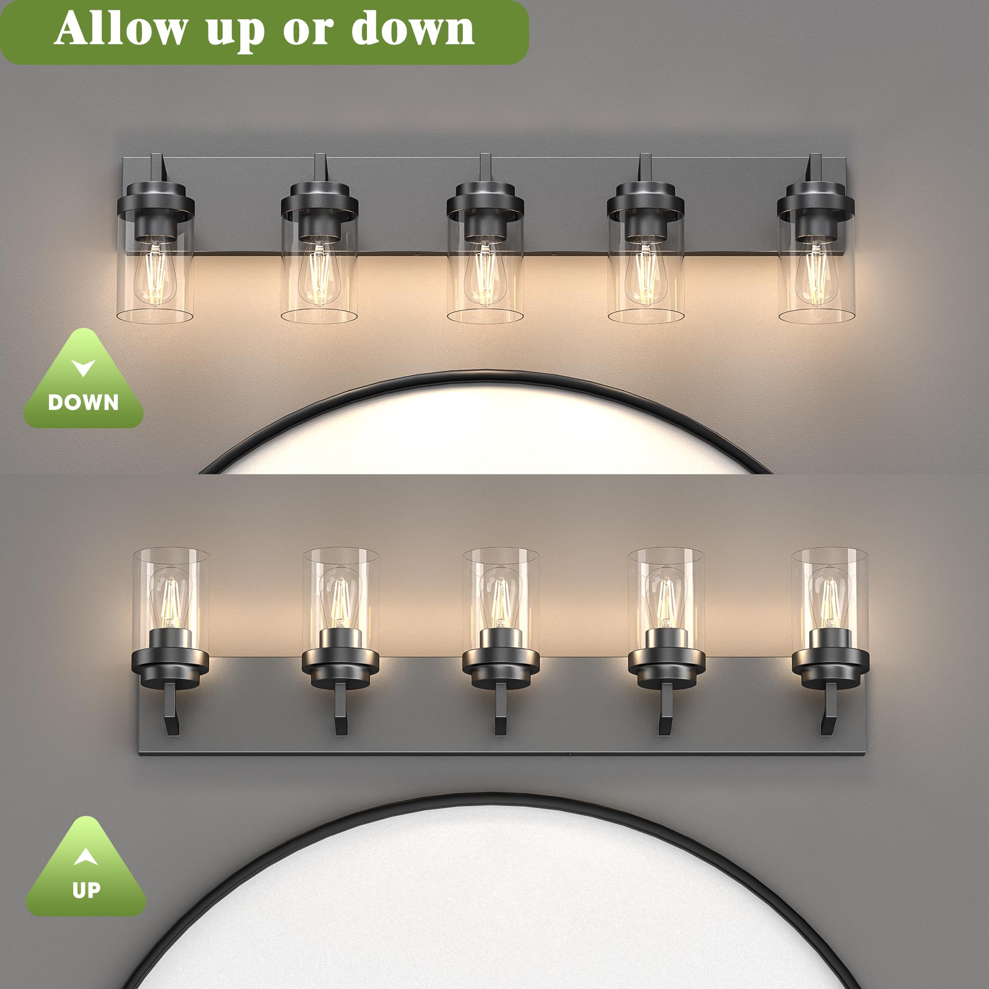 Espird black matte vanity light with clear shade suitable for LED bulbs