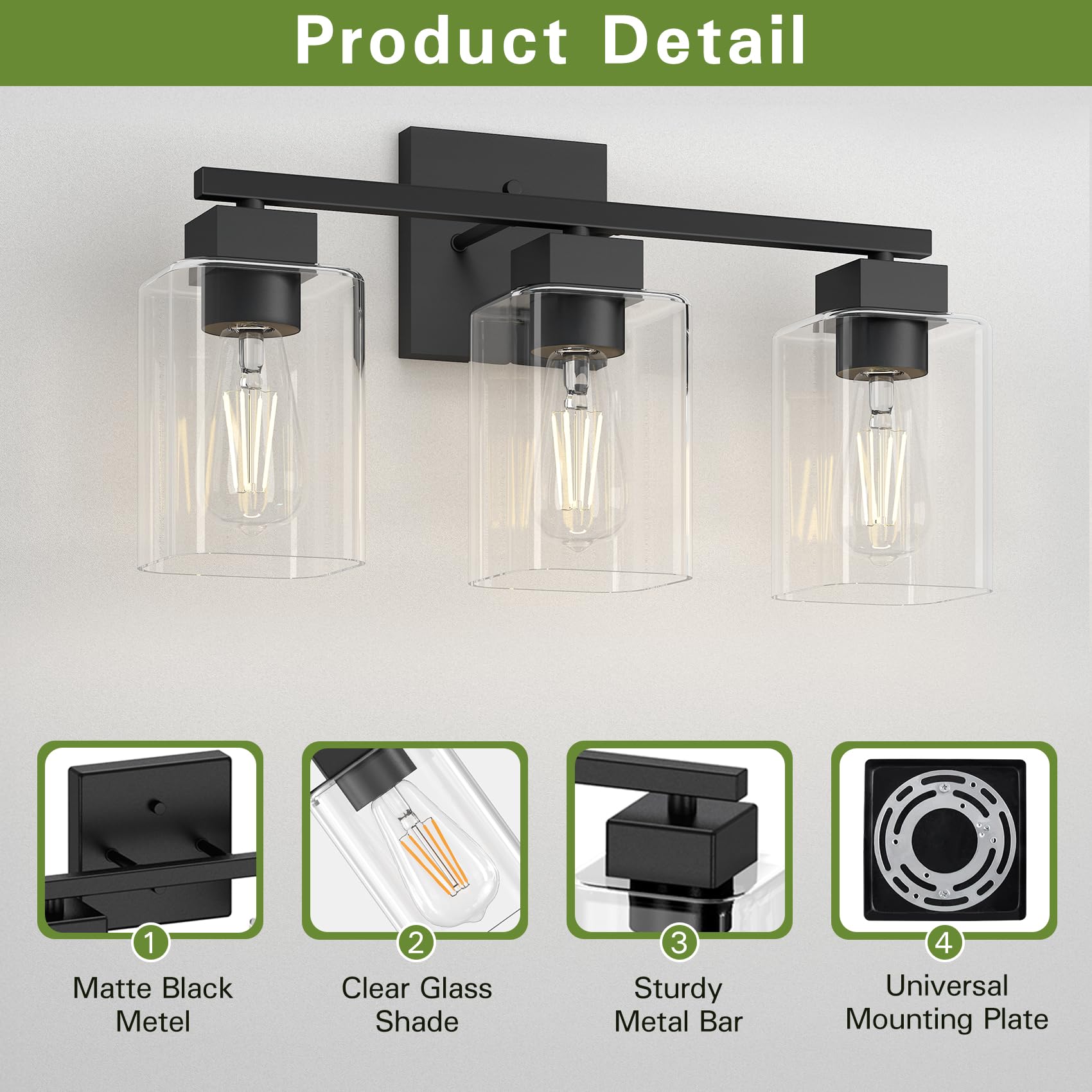 Espird vanity light with clear glass shades for even diffusion over a mirror.