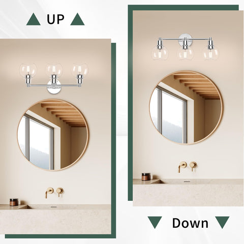 Espird vanity light over mirror chrome with glass lampshades brightens grooming areas.